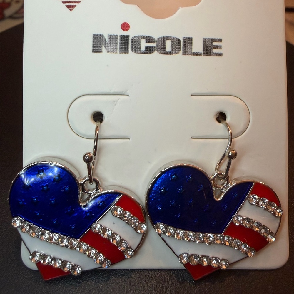 Nicole Enamel Patriotic Heart Earrings in Red, White & Blue Silver NEW